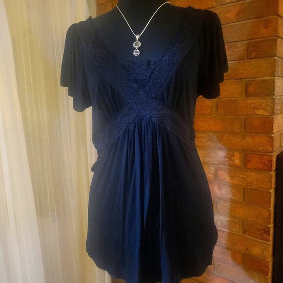 Olivia Moon Tops - Fun Black Lace on Black Flowy Little Blouse - Short Sleeve (Size M)